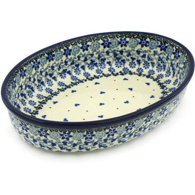 Polish Pottery Oval Baker 11&quot; Daisy Blues