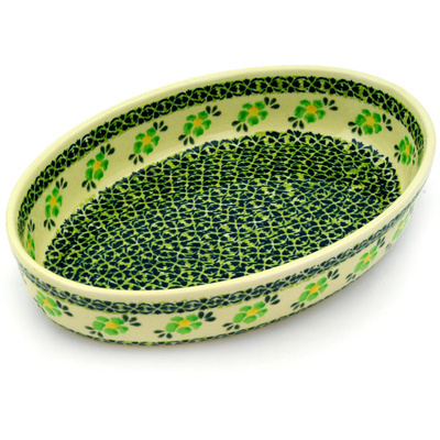 Polish Pottery Oval Baker 11&quot; Lime Flowers