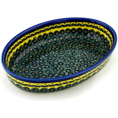 Polish Pottery Oval Baker 11&quot; Peacock Bumble Bee