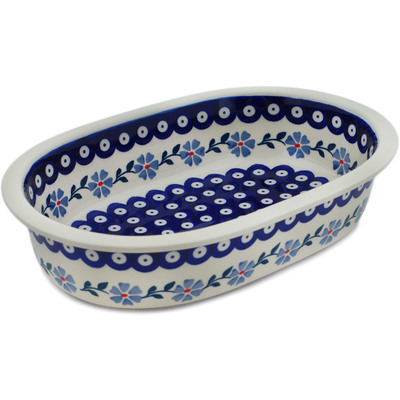 Polish Pottery Oval Baker 11&quot; Peacock Forget-me-not