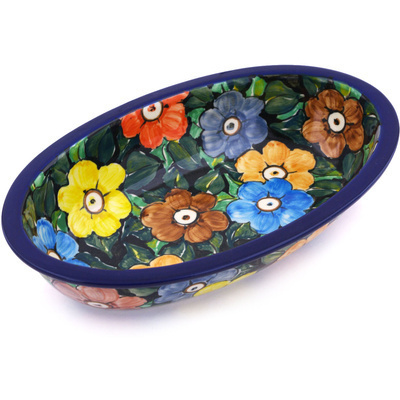 Polish Pottery Oval Baker 11&quot; Springtime Flowers UNIKAT