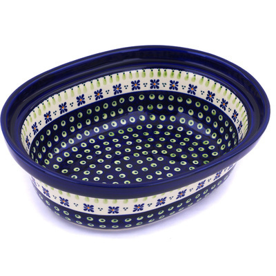 Polish Pottery Oval Baker 12&quot; Green Gingham Peacock