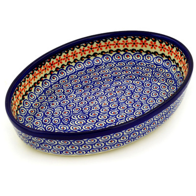 Polish Pottery Oval Baker 12&quot; Orange Daisy Swirl