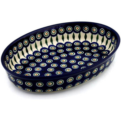 Polish Pottery Oval Baker 12&quot; Peacock Leaves