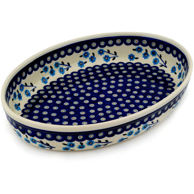 Polish Pottery Oval Baker 12&quot; Peacock Poppies