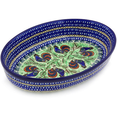 Polish Pottery Oval Baker 12&quot; Rooster Row UNIKAT