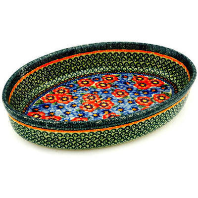 Polish Pottery Oval Baker 14&quot; Blue And Red Poppies UNIKAT