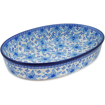 Polish Pottery Oval Baker 14&quot; Blue Poinsettia UNIKAT