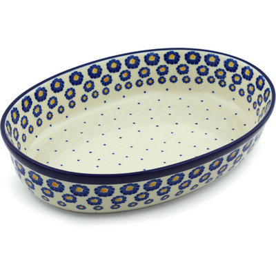 Polish Pottery Oval Baker 14&quot; Blue Zinnia