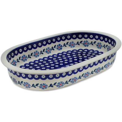 Polish Pottery Oval Baker 14&quot; Peacock Forget-me-not