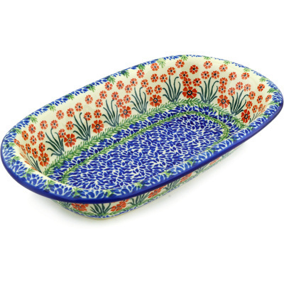 Polish Pottery Oval Baker 14&quot; Red April Showers