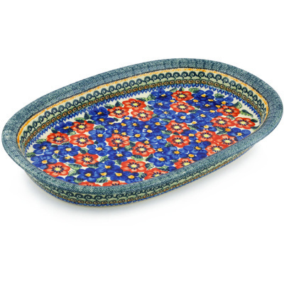 Polish Pottery Oval Baker 15&quot; Blue And Red Poppies UNIKAT
