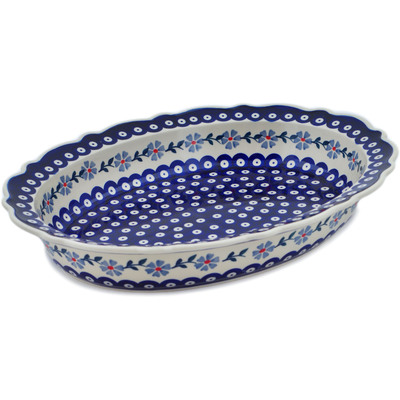 Polish Pottery Oval Baker 16&quot; Peacock Forget-me-not