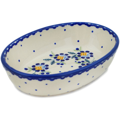 Polish Pottery Oval Baker 7&quot; Orange And Blue Flower