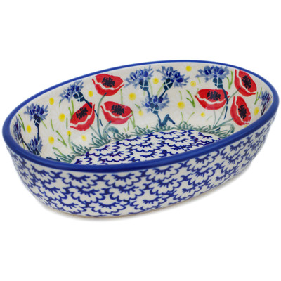 Polish Pottery Oval Baker 7&quot; Poppies And Cornflowers UNIKAT