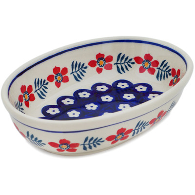 Polish Pottery Oval Baker 7&quot; Poppies And Ferns