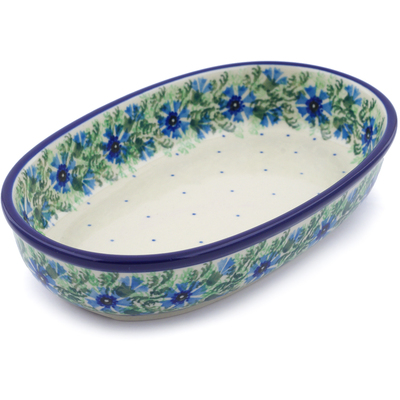 Polish Pottery Oval Baker 8&quot; Blue Bell Wreath