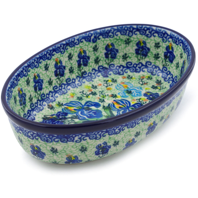 Polish Pottery Oval Baker 8&quot; Blue Iris Delight UNIKAT