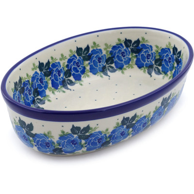 Polish Pottery Oval Baker 8&quot; Blue Rose