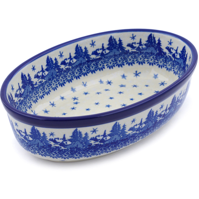 Polish Pottery Oval Baker 8&quot; Blue Winter
