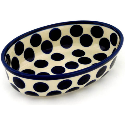 Polish Pottery Oval Baker 8&quot; Bold Blue Dots
