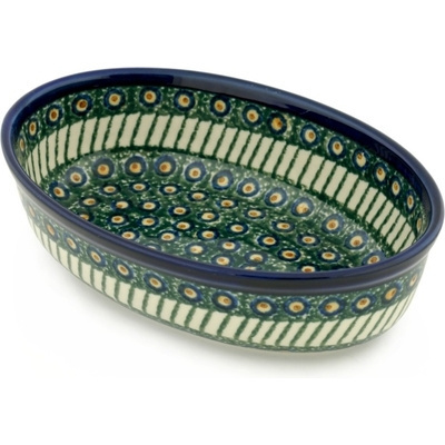 Polish Pottery Oval Baker 8&quot; Emerald Peacock