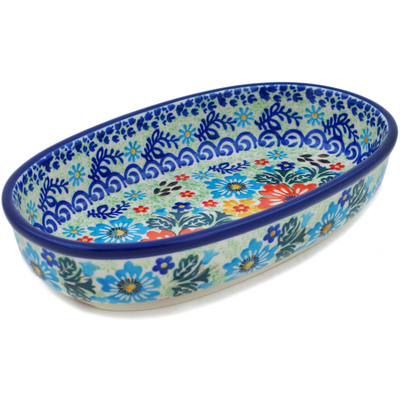 Polish Pottery Oval Baker 8&quot; Red Floral Delight UNIKAT