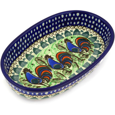 Polish Pottery Oval Baker 8&quot; Rooster Row UNIKAT