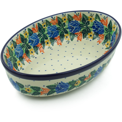 Polish Pottery Oval Baker 9&quot; Dotted Floral Wreath UNIKAT