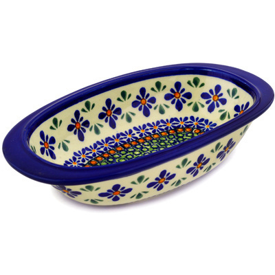 Polish Pottery Oval Baker 9&quot; Gingham Flowers