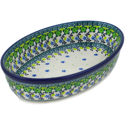 Polish Pottery Oval Baker 9&quot; Green Chrysanthemums UNIKAT