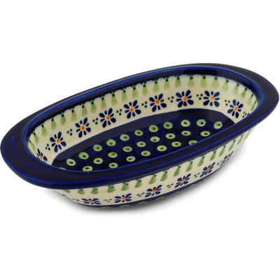 Polish Pottery Oval Baker 9&quot; Green Gingham Peacock
