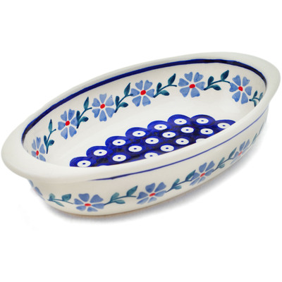 Polish Pottery Oval Baker 9&quot; Peacock Forget-me-not