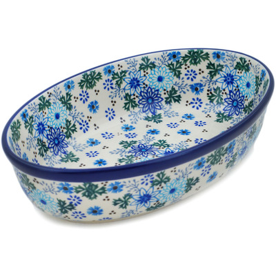 Polish Pottery Oval Baker 9&quot; Soft Starry Flowers UNIKAT