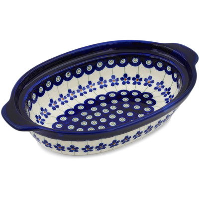 Polish Pottery Oval Baker with Handles 10&quot; Flowering Peacock