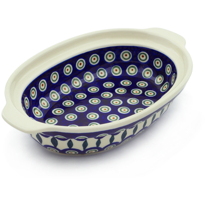 Polish Pottery Oval Baker with Handles 10&quot; Peacock Leaves