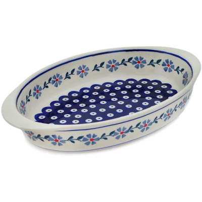 Polish Pottery Oval Baker with Handles 12&quot; Peacock Forget-me-not