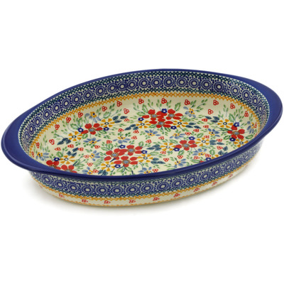 Polish Pottery Oval Baker with Handles 12&quot; Ruby Bouquet UNIKAT