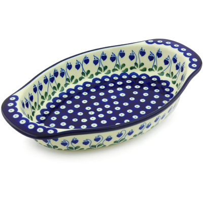 Polish Pottery Oval Baker with Handles 13&quot; Bleeding Heart Peacock