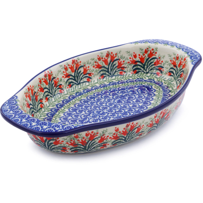 Polish Pottery Oval Baker with Handles 13&quot; Crimson Bells