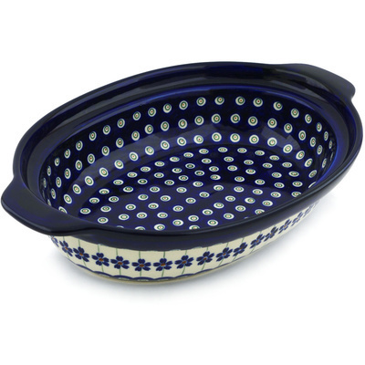 Polish Pottery Oval Baker with Handles 13&quot; Flowering Peacock