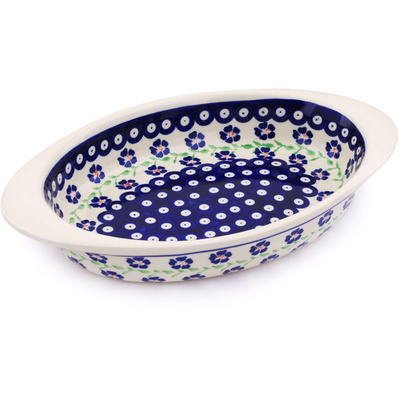 Polish Pottery Oval Baker with Handles 13&quot; Flowery Peacock