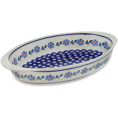 Polish Pottery Oval Baker with Handles 13&quot; Peacock Forget-me-not