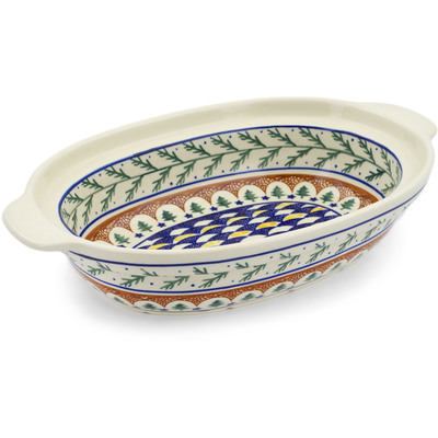 Polish Pottery Oval Baker with Handles 13&quot; Pine Boughs