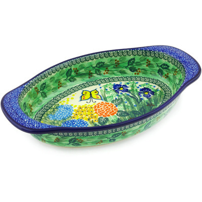 Polish Pottery Oval Baker with Handles 13&quot; Spring Garden UNIKAT