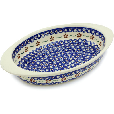 Polish Pottery Oval Baker with Handles 13&quot; Sweet Red Flower