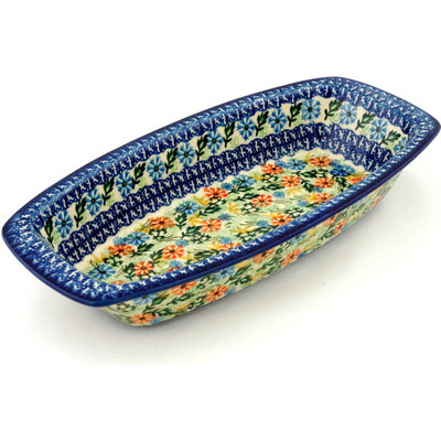 Polish Pottery Oval Baker with Handles 14&quot; Wildflowers In The Wind UNIKAT