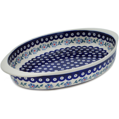 Polish Pottery Oval Baker with Handles 15&quot; Peacock Forget-me-not