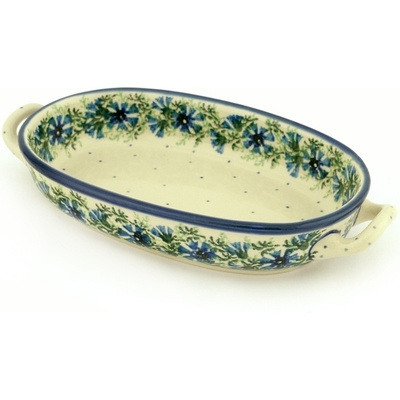 Polish Pottery Oval Baker with Handles 8-inch Blue Bell Wreath