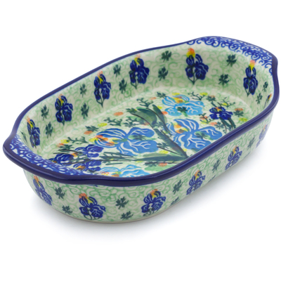 Polish Pottery Oval Baker with Handles 8&quot; Blue Iris Delight UNIKAT